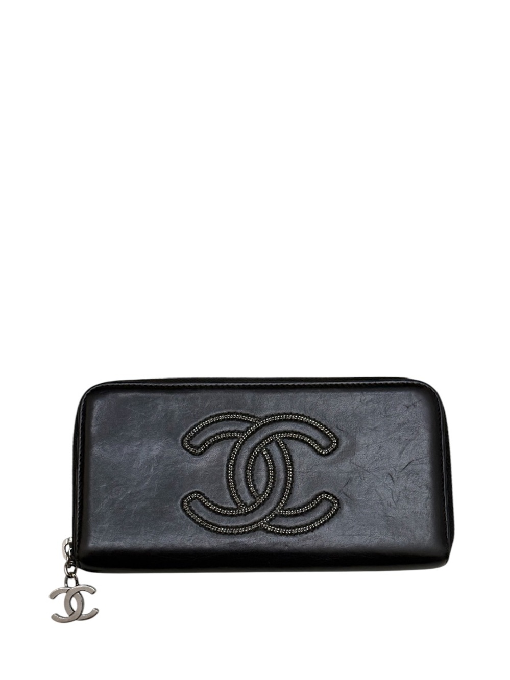 CHANEL - BLACK SILVER SMOOTH AGED CALFSKIN LEATHER LONG ZIP AROUND WALLET